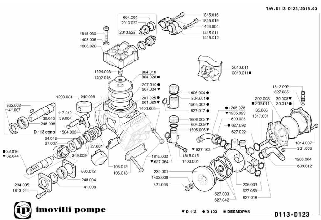 IMOVILLI PUMP D123 LOW PRESSURE PUMP EXPLODED DRAWING ORIGINAL SPARE PARTS MADE IN ITALY GENUINE PARTS
