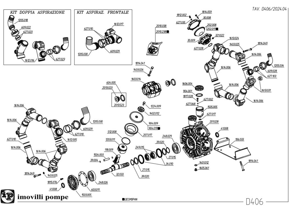 IMOVILLI PUMP D406 LOW PRESSURE PUMP EXPLODED DRAWING ORIGINAL SPARE PARTS MADE IN ITALY GENUINE PARTS