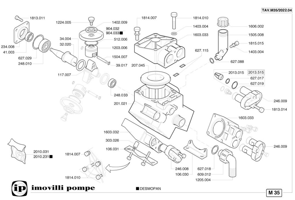 IMOVILLI PUMP M35 HIGH PRESSURE PUMP EXPLODED DRAWING ORIGINAL SPARE PARTS MADE IN ITALY GENUINE PARTS