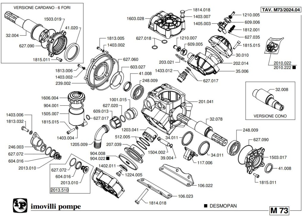 IMOVILLI PUMP M73 HIGH PRESSURE PUMP EXPLODED DRAWING ORIGINAL SPARE PARTS MADE IN ITALY GENUINE PARTS